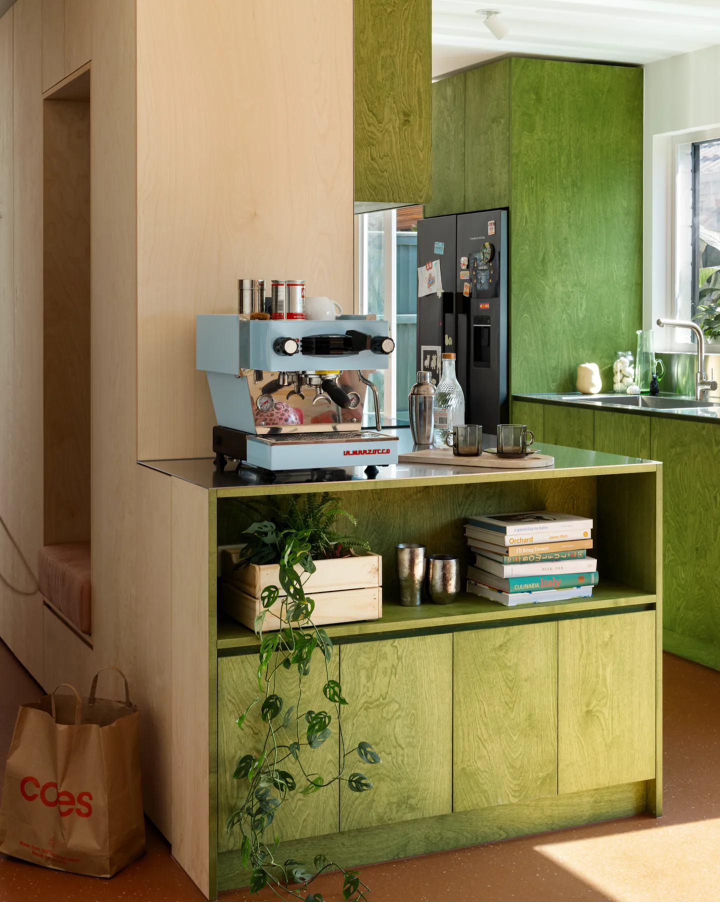 Green Eggs and Ham — coffee station and integrated fridge wall