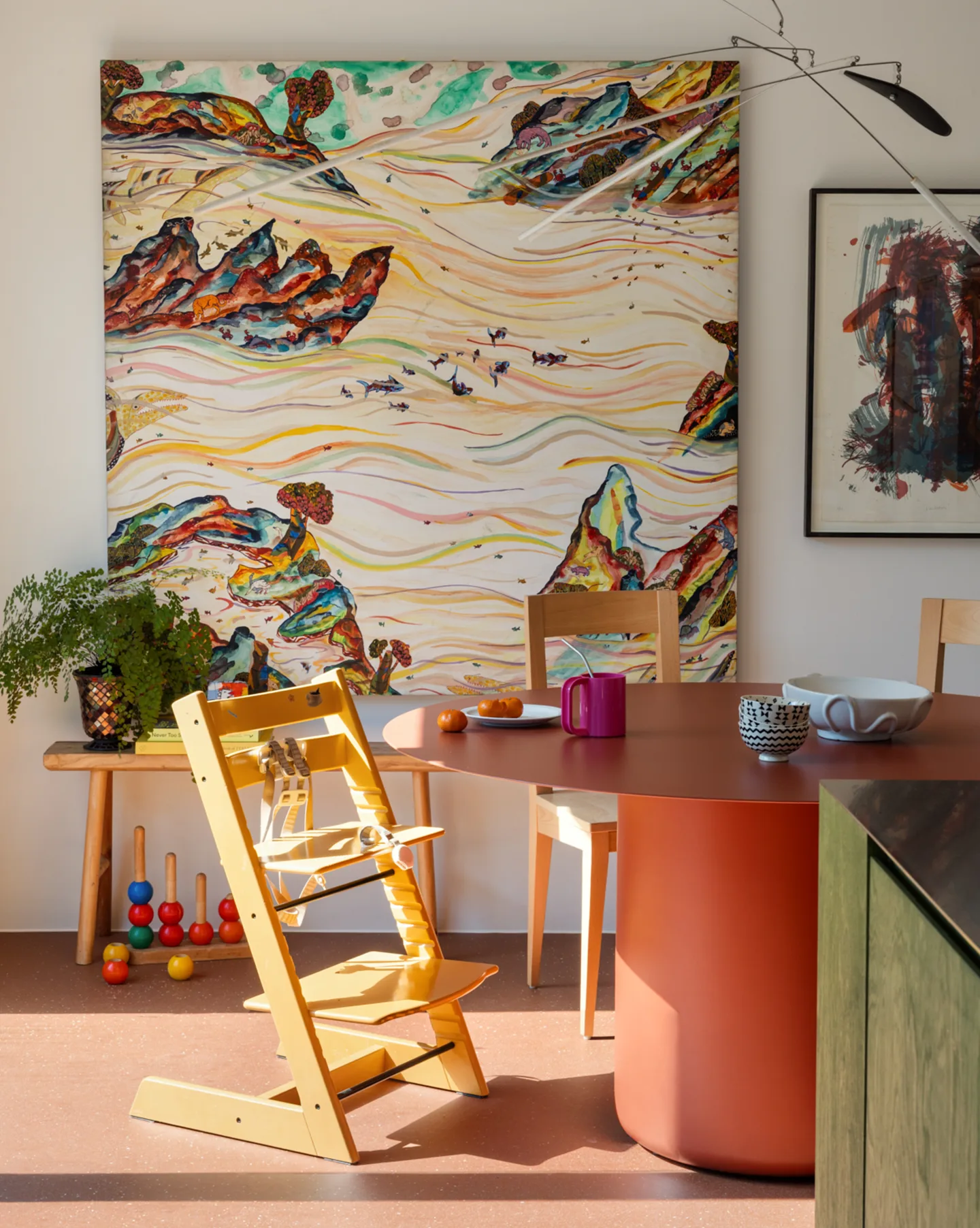 Green Eggs and Ham — dining area, terracotta flooring and a sculptural burnt-orange table
