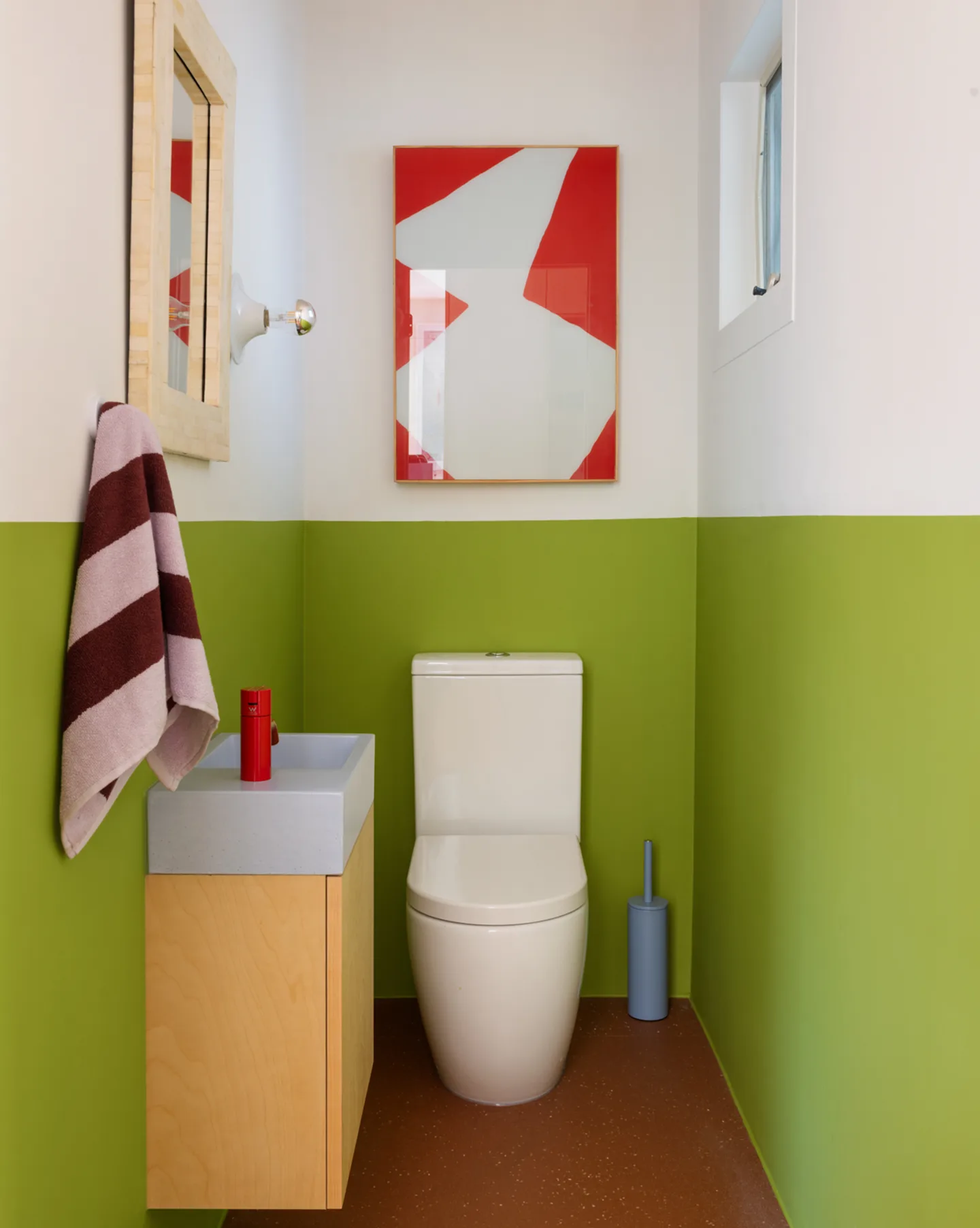 Green Eggs and Ham — powder room with half-height olive paint and terracotta floor