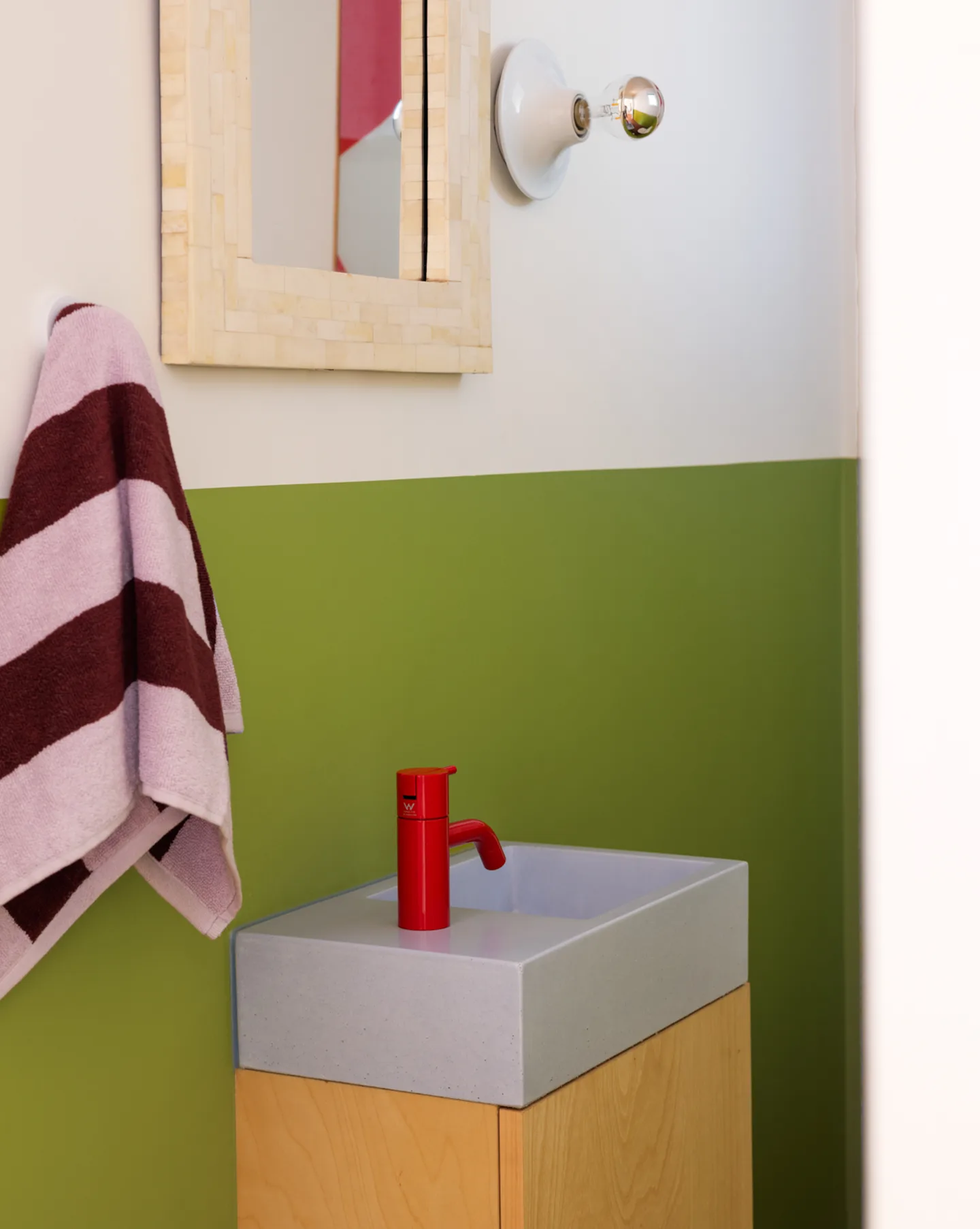 Green Eggs and Ham — concrete basin and red tapware detail, powder room