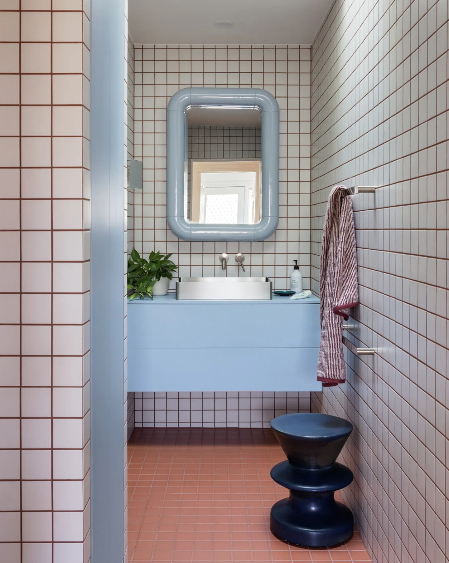 Green Eggs and Ham — main bathroom, terracotta grid tile and powder-blue joinery